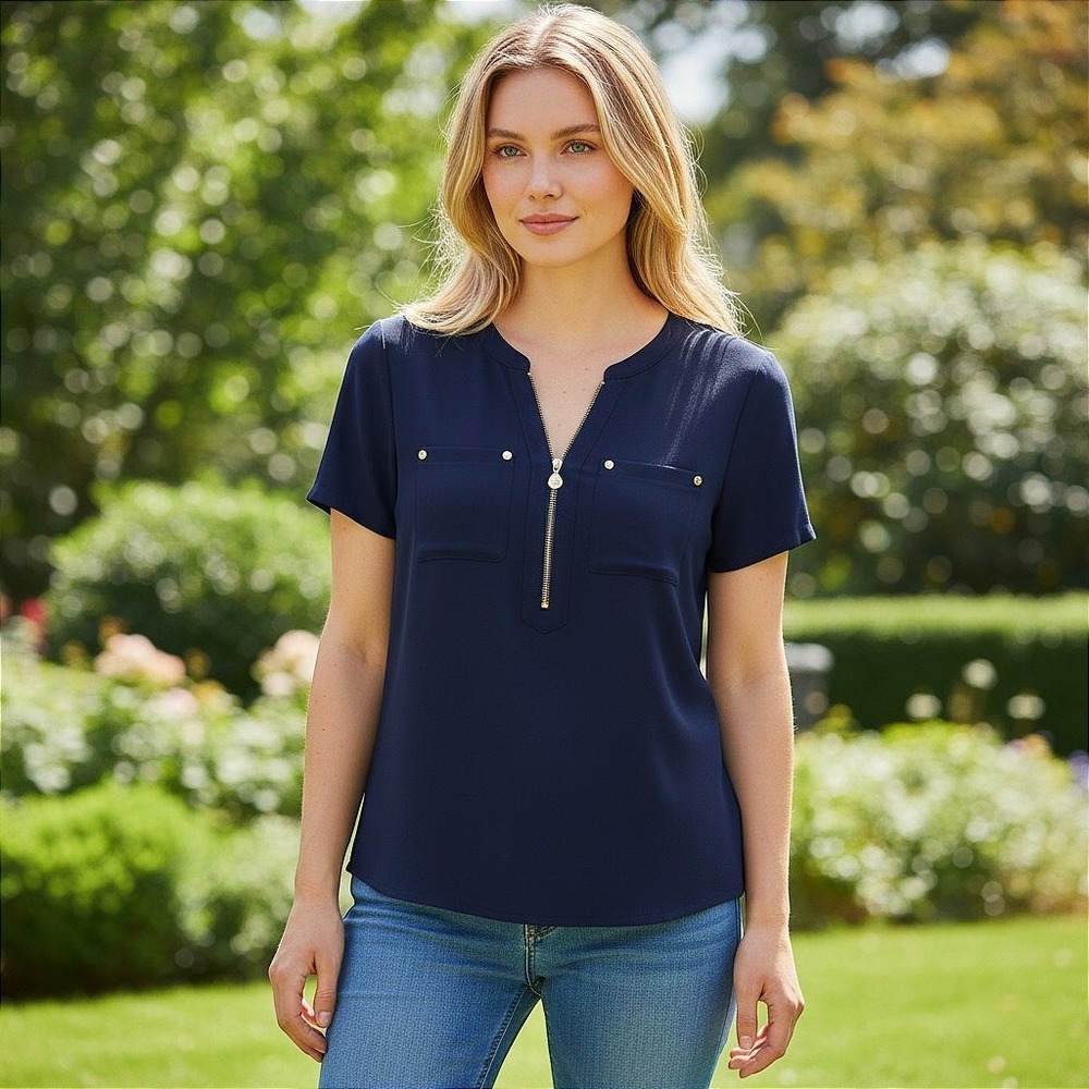 Anne Klein Navy Blue Zip Front Short Sleeve Blouse Gold Hardware Women's Small